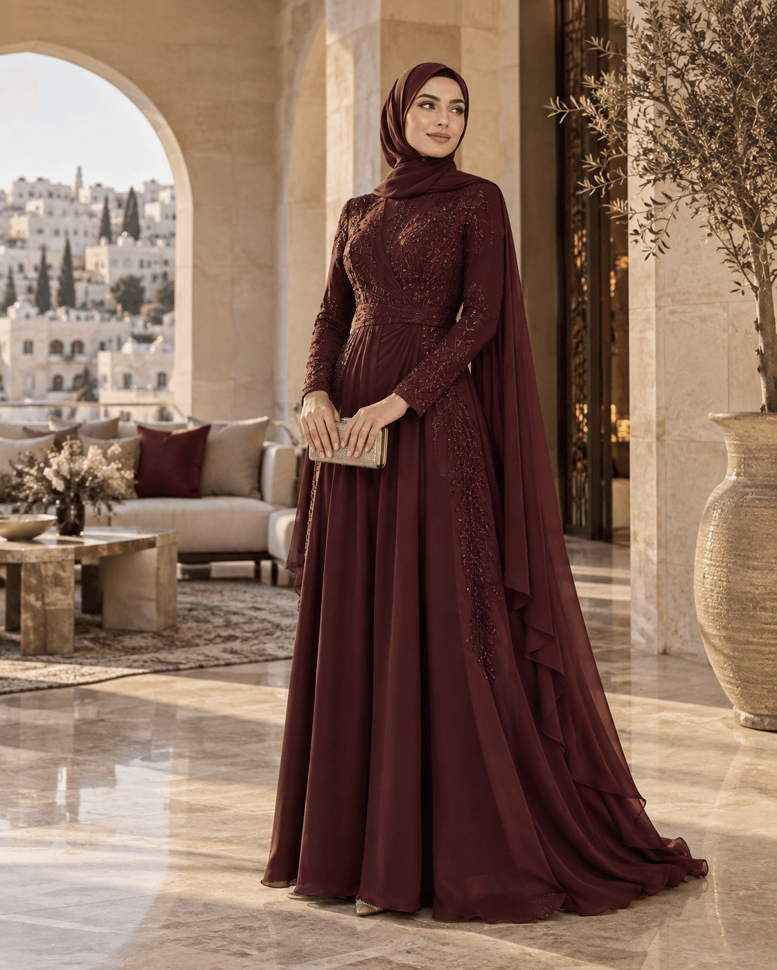 فستان سهرة خمري راق